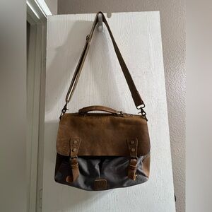 Wowbox Genuine Leather Canvas Handled Crossbody Messenger Bag Gray Brown